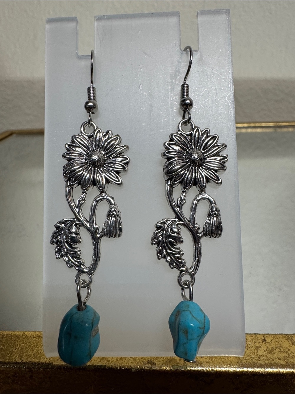 Silver Floral Drop Earrings with Turquoise Stone